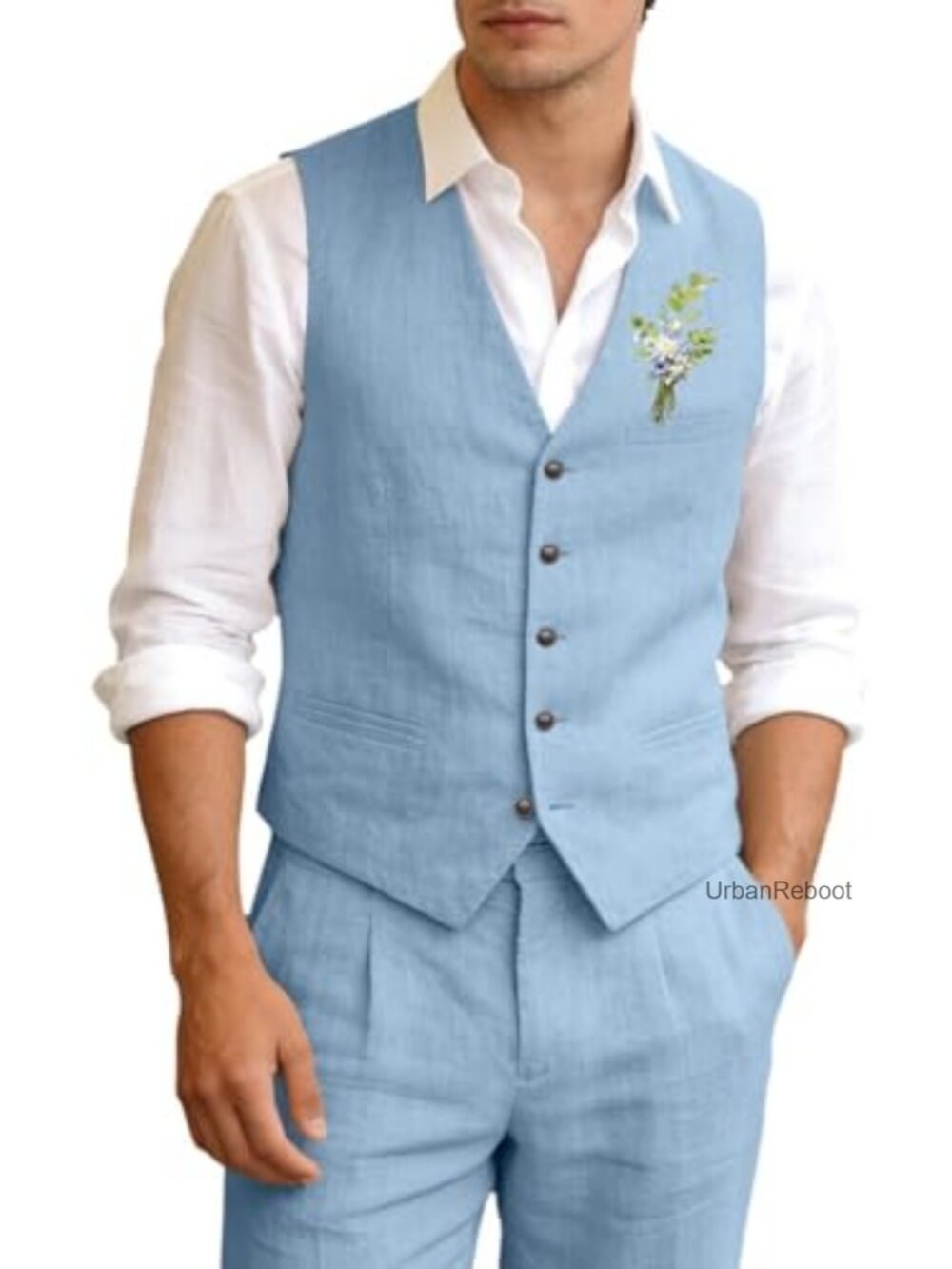 Men's Linen 2-Piece Slim Fit Vest and Pants Suit Set Wedding Groomsmen